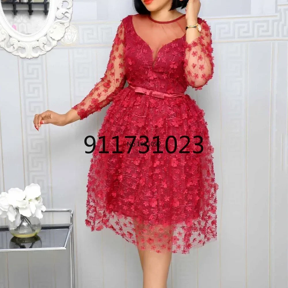 

African Women Clothing Shiny Red A Line High Waist Belted Sexy Mesh Patchwork Ladies Party Wedding Evening Vintage Midi Dress