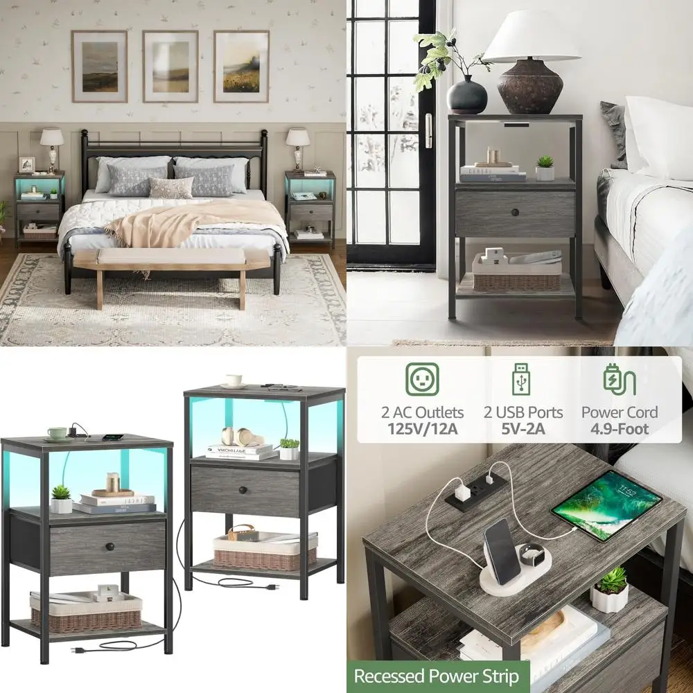 

Modern 2-Piece Nightstand Set with Charging Station & LED Light, Fabric Drawer Bedroom Side Tables