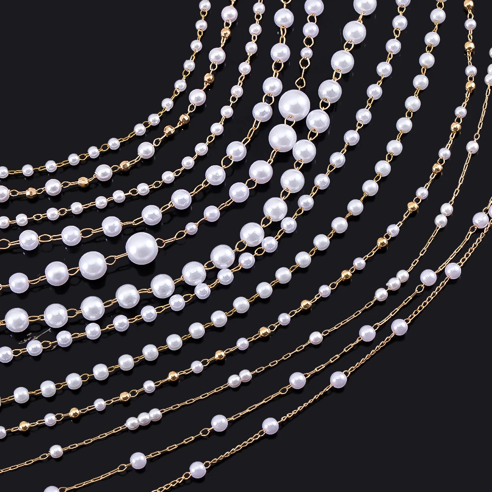 1M Stylish Multi-Style Copper Metal Chain Imitation Pearls Beads Gold Color Chain For DIY Necklace Bracelet Handbag chain Making view 3