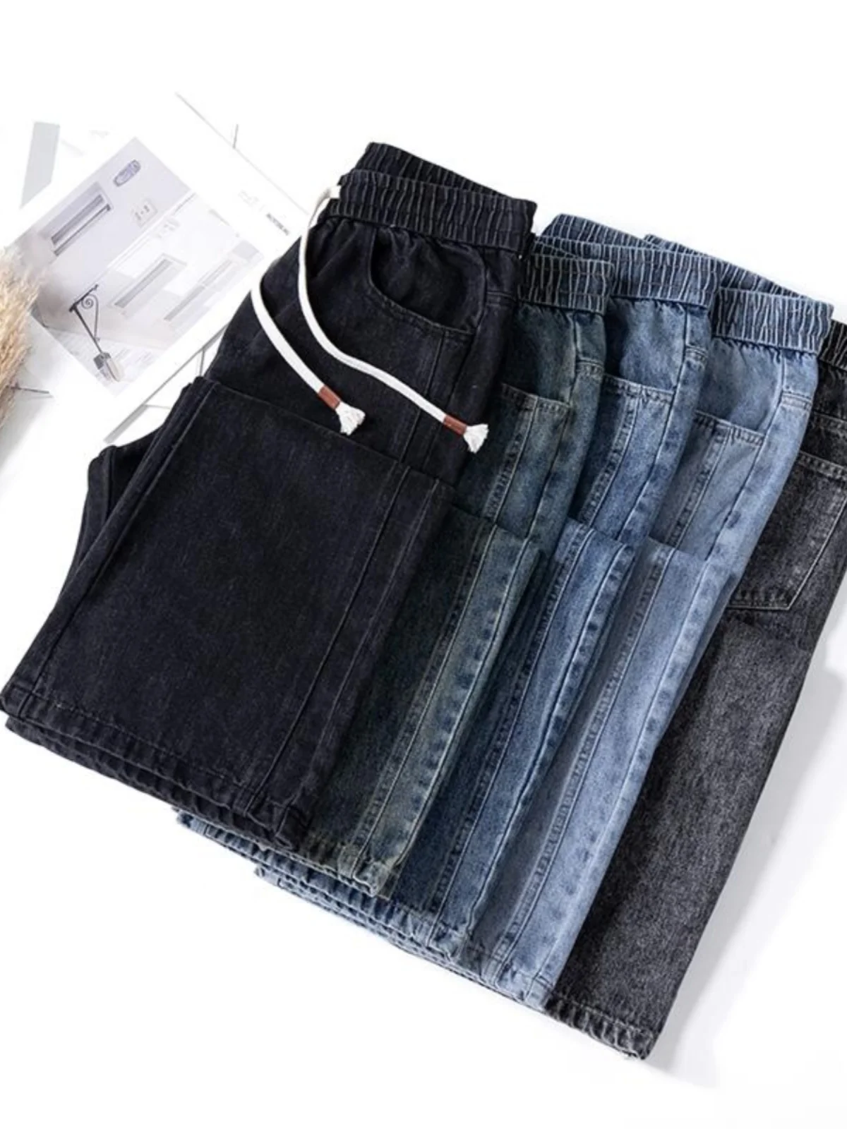 

American Sle Wide Leg Men's Jeans Loose Straight Elastic Waist New High Street Autumn Winter Workwear Long Trousers