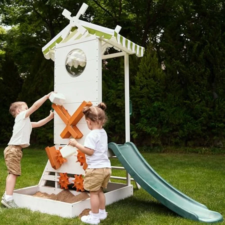 

Outdoor toddler playground with slide, rock climber, water mill captains deck UV-resistant HDPE plastic, navy blue lime green w