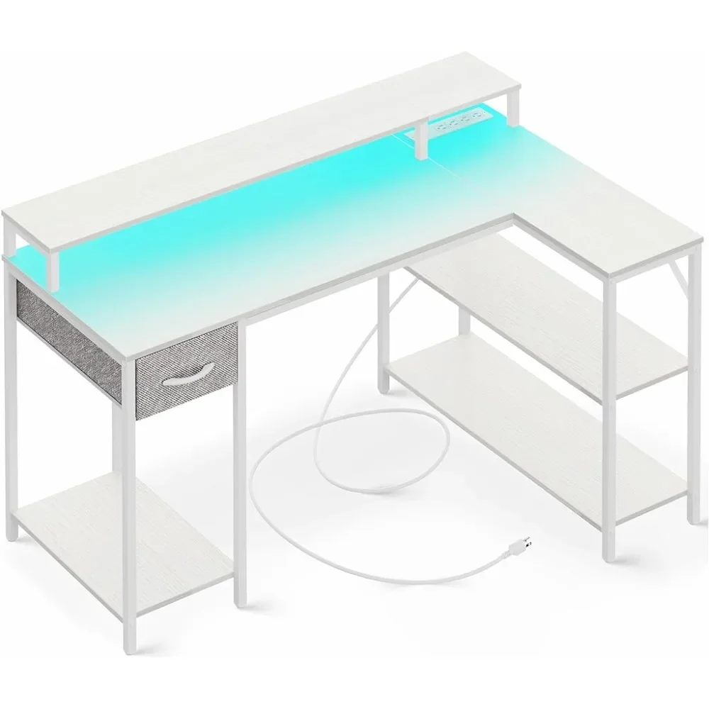 

Modern minimalist metal L Shaped Desk with LED Lights Outlets, Reversible Computer Desk with Shelves & Drawer, Desk, White