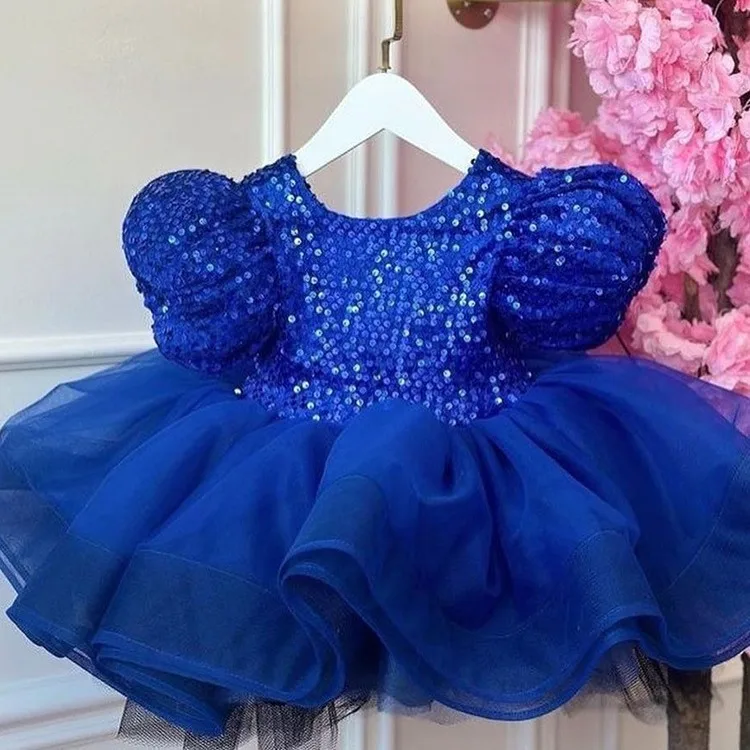 Luxurious Child Birthday Party Dress puff sleeve sequin bead bow Royal Blue Girl Wedding Party Flower Girl Baby Dress First Gown