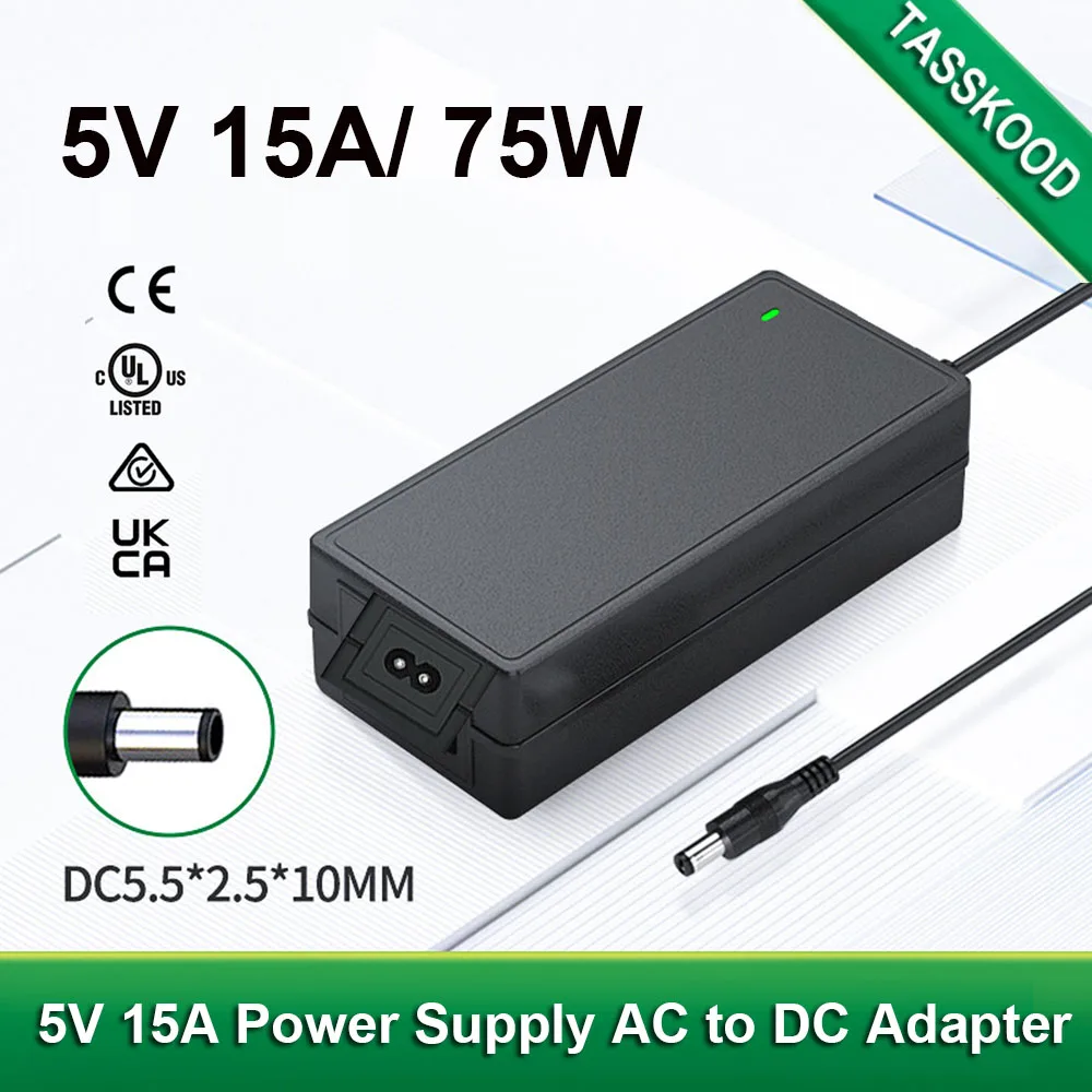 5 V 15A Adapter, 100-240V AC do DC 5 Volt 15 Amp 75W zasilacz, 12A 10A 9A 8A konwerter ledy RGB sterownik światła listwy LED