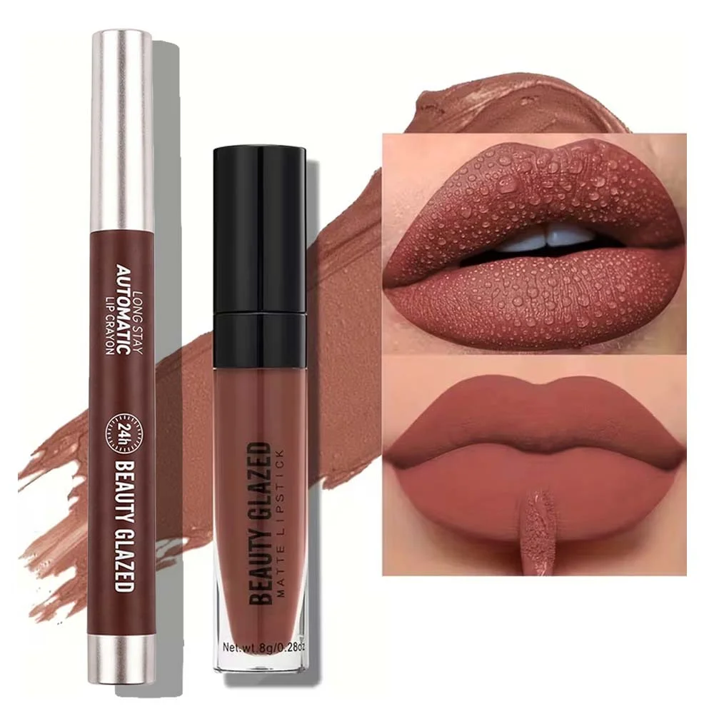 2pcs Lip Duo: Matte Lipstick & Lip Glow. Transfer-Resistant, Long-Wearing Lip Kit Perfect For Daily Commute, Dates & Effortless