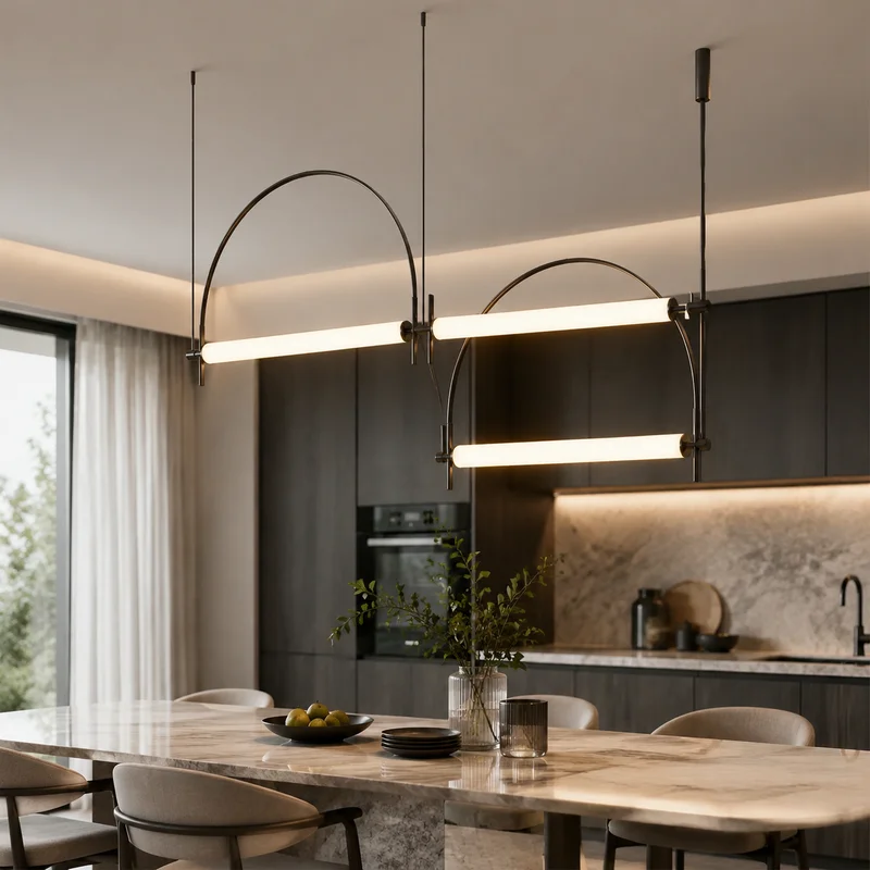 Modern Minimalist Sculptural Geometric Arched Linear LED Suspension Fixture For Kitchen Island Dining