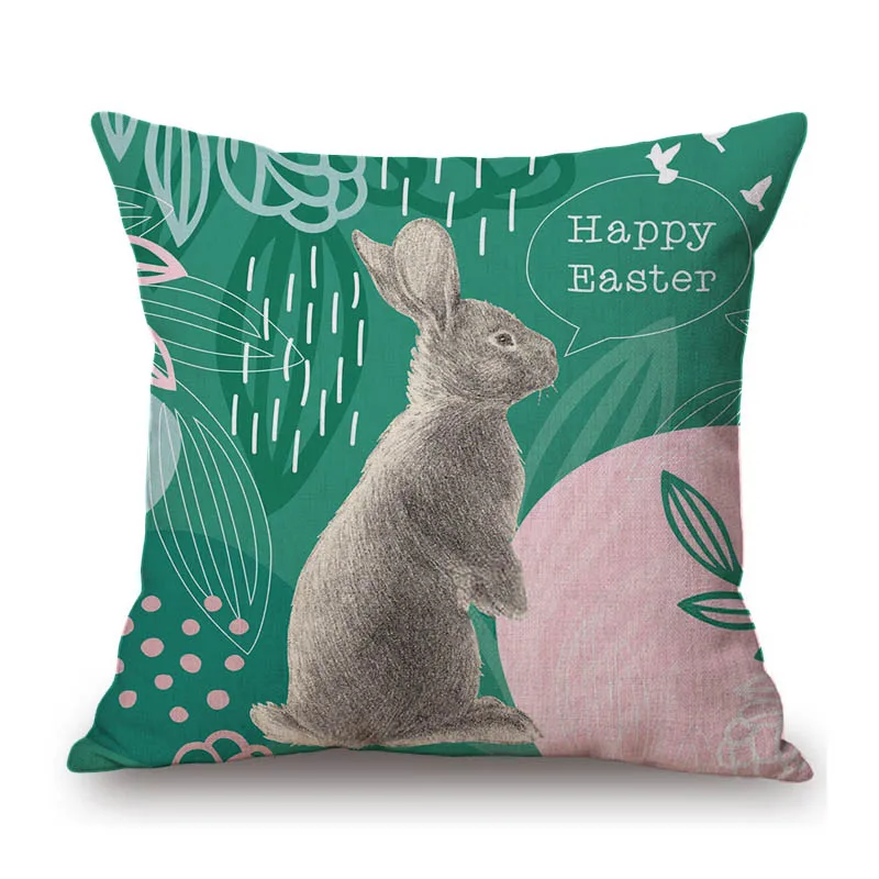Green Hello Spring Easter Bunny Lovely Cute Rabbit Home Decoration Cotton Linen Sofa Throw Pillow Case  Car Seat Cushion Cover - view 5