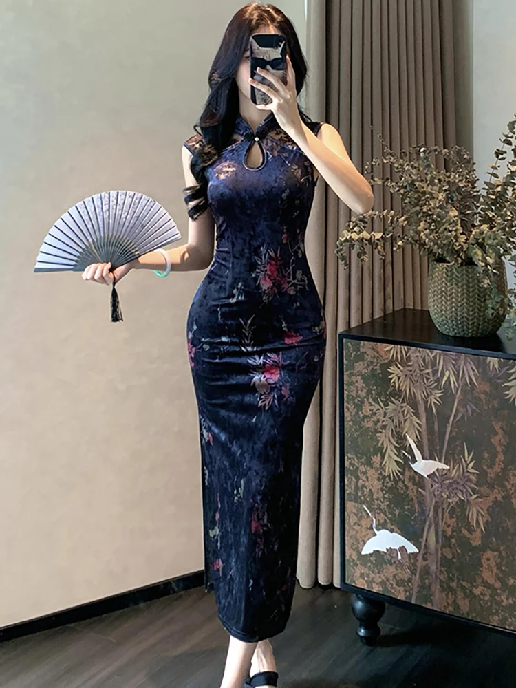 Summer Black Velvet Floral Patchwork Lace Stand Collar Dress Women Vintage Luxury Party Dress 2026 Korean Elegant Evening Dress