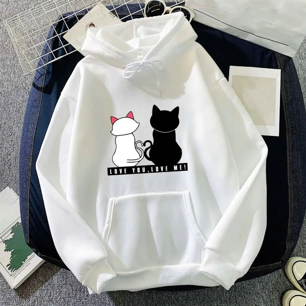 Pullover Women Hoodie Couple Hoodie Cartoon Cat Print Round Neck Long Sleeve Sweatshirts Korean Female Hooded Pullovers Sweater