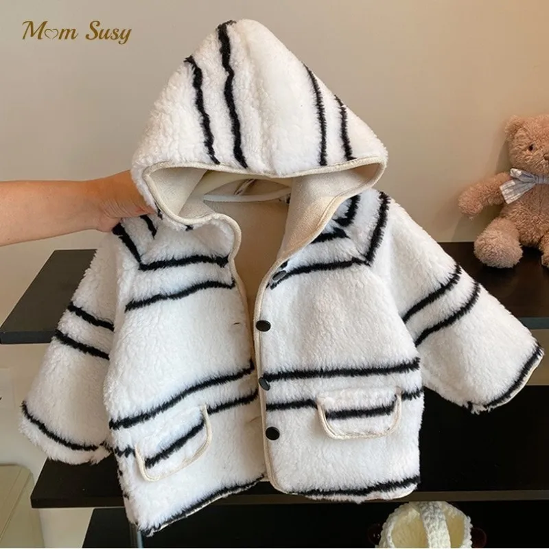 Fashion Baby Girl Lamb Fleece Striped Hooded Jacket Infant Toddle Child Sheeplike Coat Spring Autumn Winter Baby Clothes 1-7Y