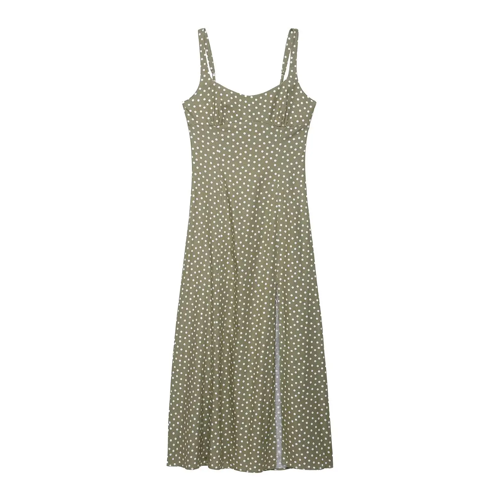 

Commuter women's dress 2025 summer new green polka dot suspender mid-length dress sexy slit retro personality fashion