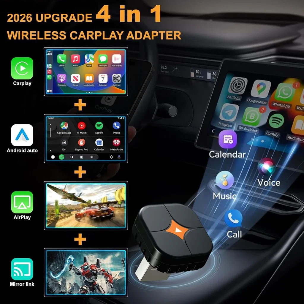 4-in-1 Wireless CarPlay Adapter with Screen Mirroring, Watch Netflix/YouTube in Car, Android Auto AirPlay Mirror Link