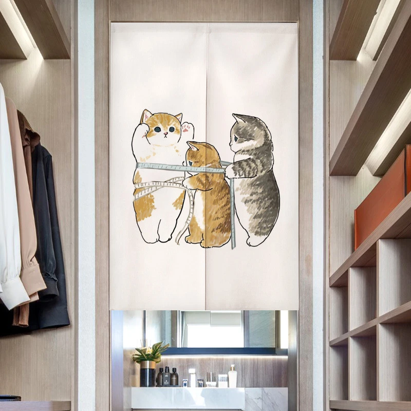 VIKAMA Cute Cartoon Cat Noren Door Curtain Hand‑painted Kitten Print Polyester Partition Curtain For Entryway Home Dec