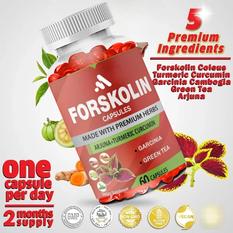 كبسولات مكملات فورسكولين العضوية تحتوي على الكركم والكركمين واللوز والغارسينيا كامبوجيا والشاي الأخضر