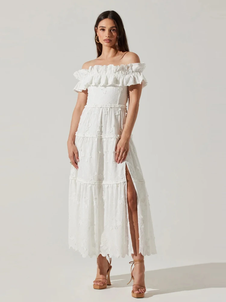 

Sexy Off Shoulder Embroidery Flower Midi Dress Women White Slash Neck Ruffles Floral A-line Dresses Elegant Evening Party Gowns