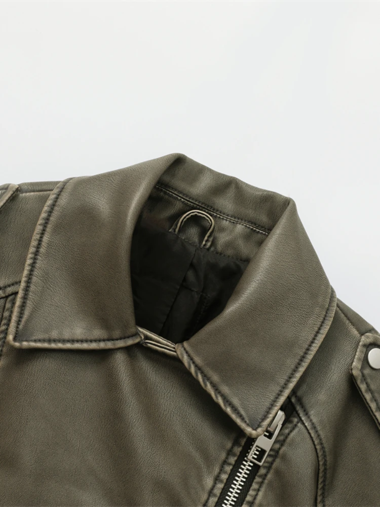 Women Bike Leather Jacket Spring Autumn Lapel Long Sleeve Zipper Faux Leather Coat Female Vintage Short Jacket Moto Outwear