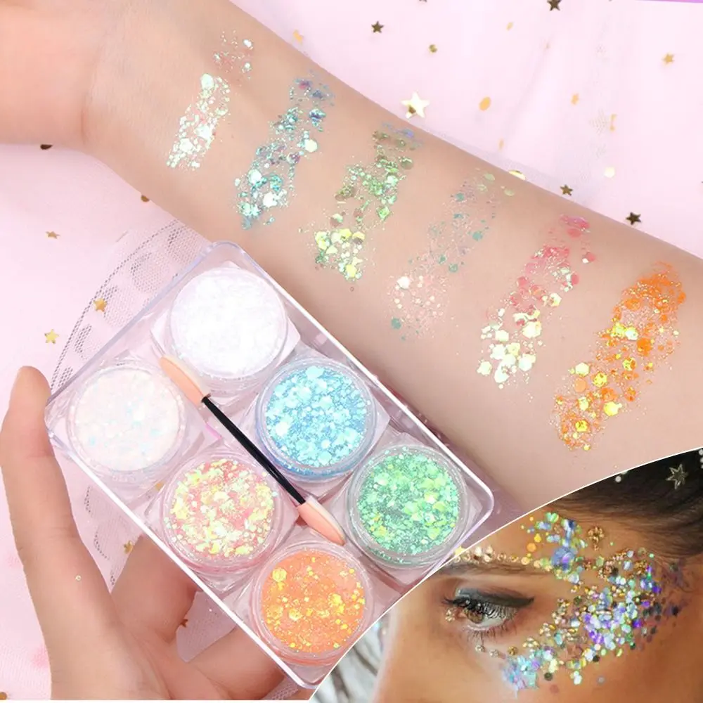 6Jars/Set Cute Colorful Eyeshadow Glitter Gel Stage No Glue Required Heart Star Moon Sequins Face Hair Body Nail Glitter Gel
