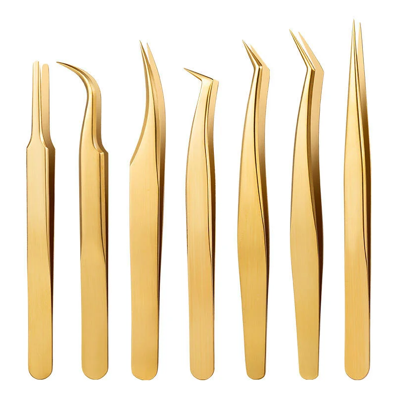 Pinzas para Pestañas y Extensión, Juego de Pinzas de Alta Precisión Apertura, Pinzas Plumas Doradas y Rizador, Kit Completo