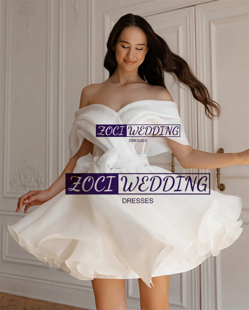 Zoci moderno fora do ombro vestidos de casamento curtos organza manga longa vestido de noiva personalizado sem costas acima do joelho vestido de festa de casamento