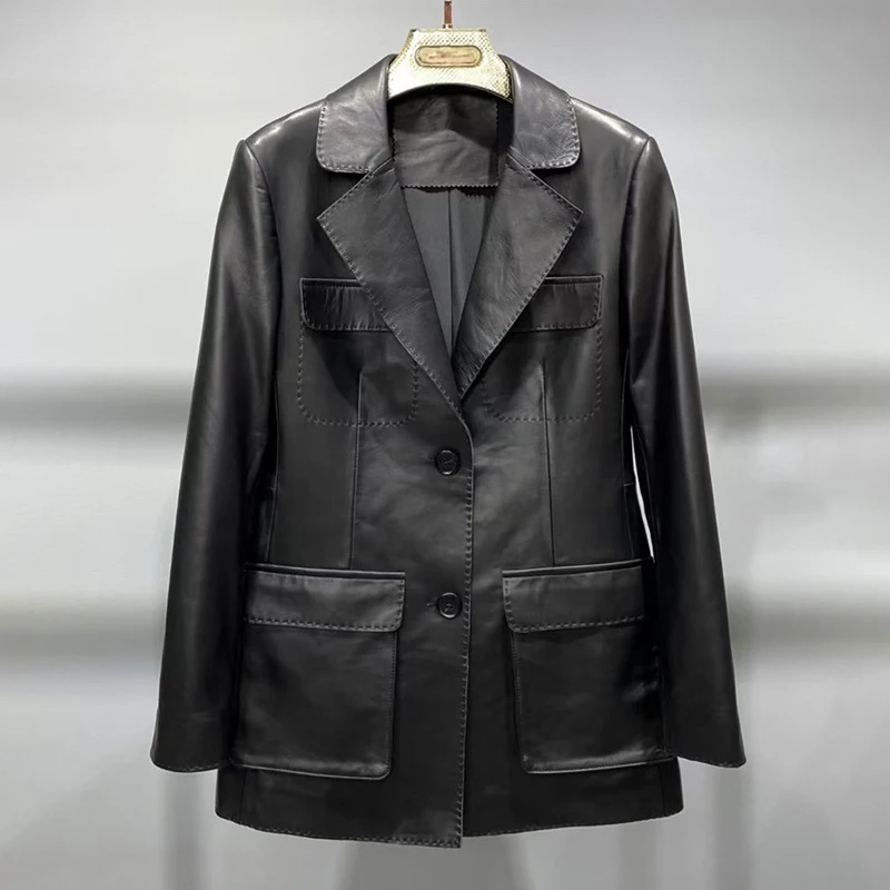 

2023 Spring Genuine Leather Blazers For Women New Lady Bomber Jackets Motorcycle 100% Real Sheepskin Coats FG4045