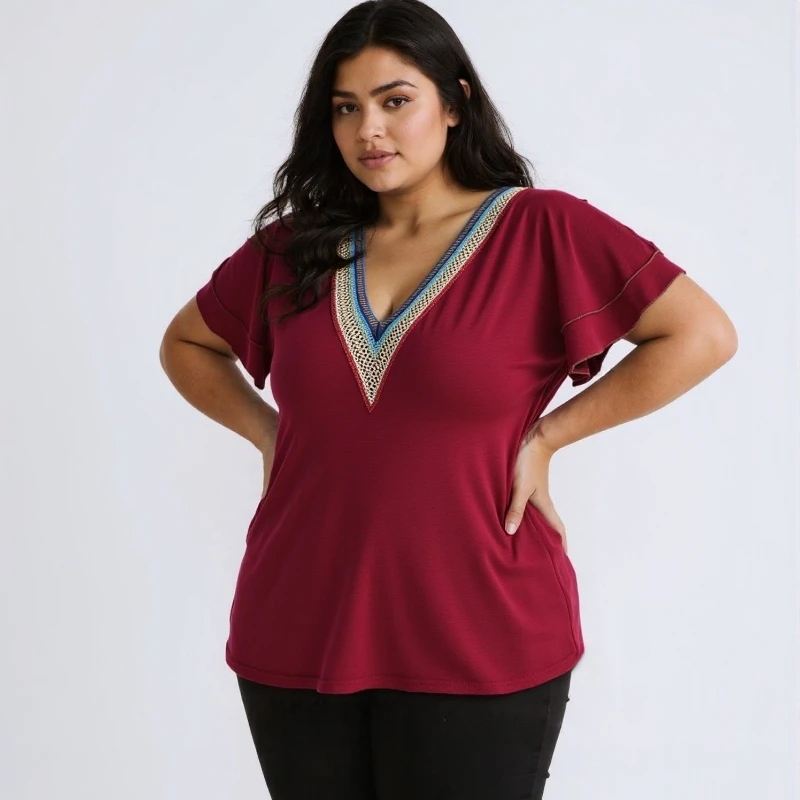 

Plus Size Women's T-shirt V-neck Floral Sleeve Casual Top Wine Red Loose Shirt Summer Fashionable Top for Daily Wear