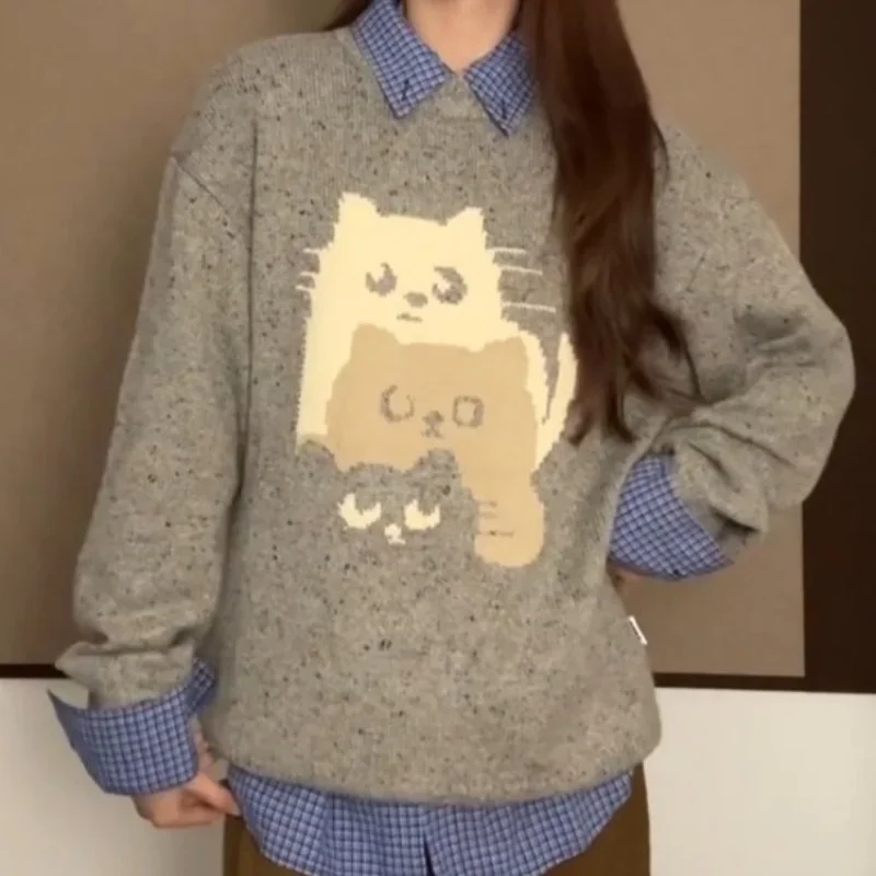 2025 Japanese Cute Cats Brocade Sweater Soft Thicken Winter Jumper Pullover Men Women Harajuku Cartoon Gray Y2K Top Loose Casual