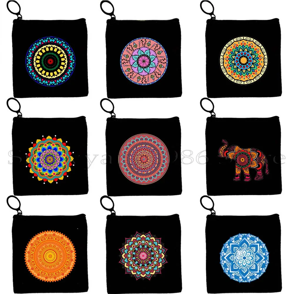 Indian Rainbow Elephant Mandala Floral Spiritual Lotus Mantra Hindu Cute Meditation Gift Key Coin Purse Case Bag Wallet Pouch