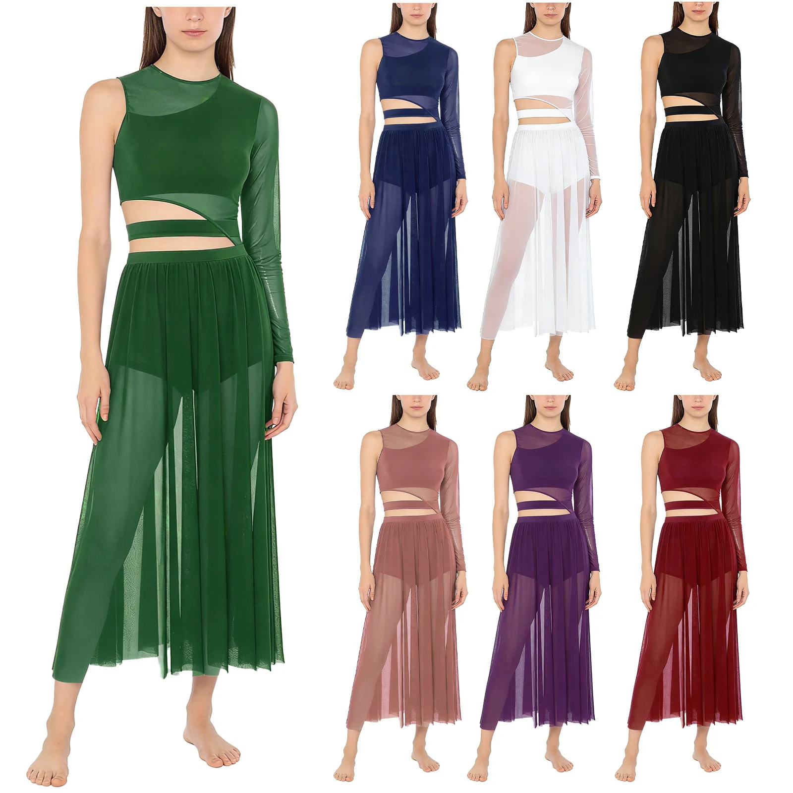 

Women Lyrical Modern Ballroom Ballet Dance Costume Cutout Patchwork Sheer Mesh Side Split Dresses for A Stage Modern Dance Wear
