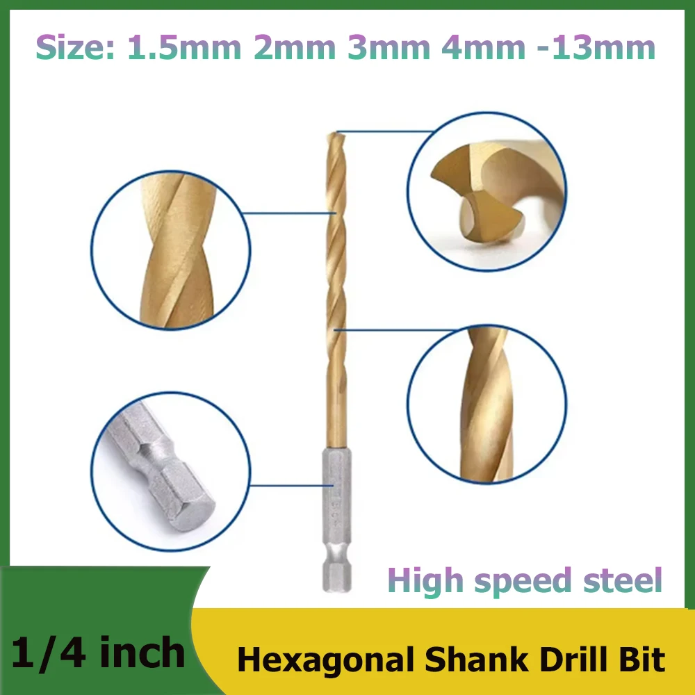 1Pcs Titanium Coated HSS Twist Drill Bit 1/4 Inch Hex Shank 1.5mm-13mm Hexagonal Handle High Speed Steel Drill Bits For Power