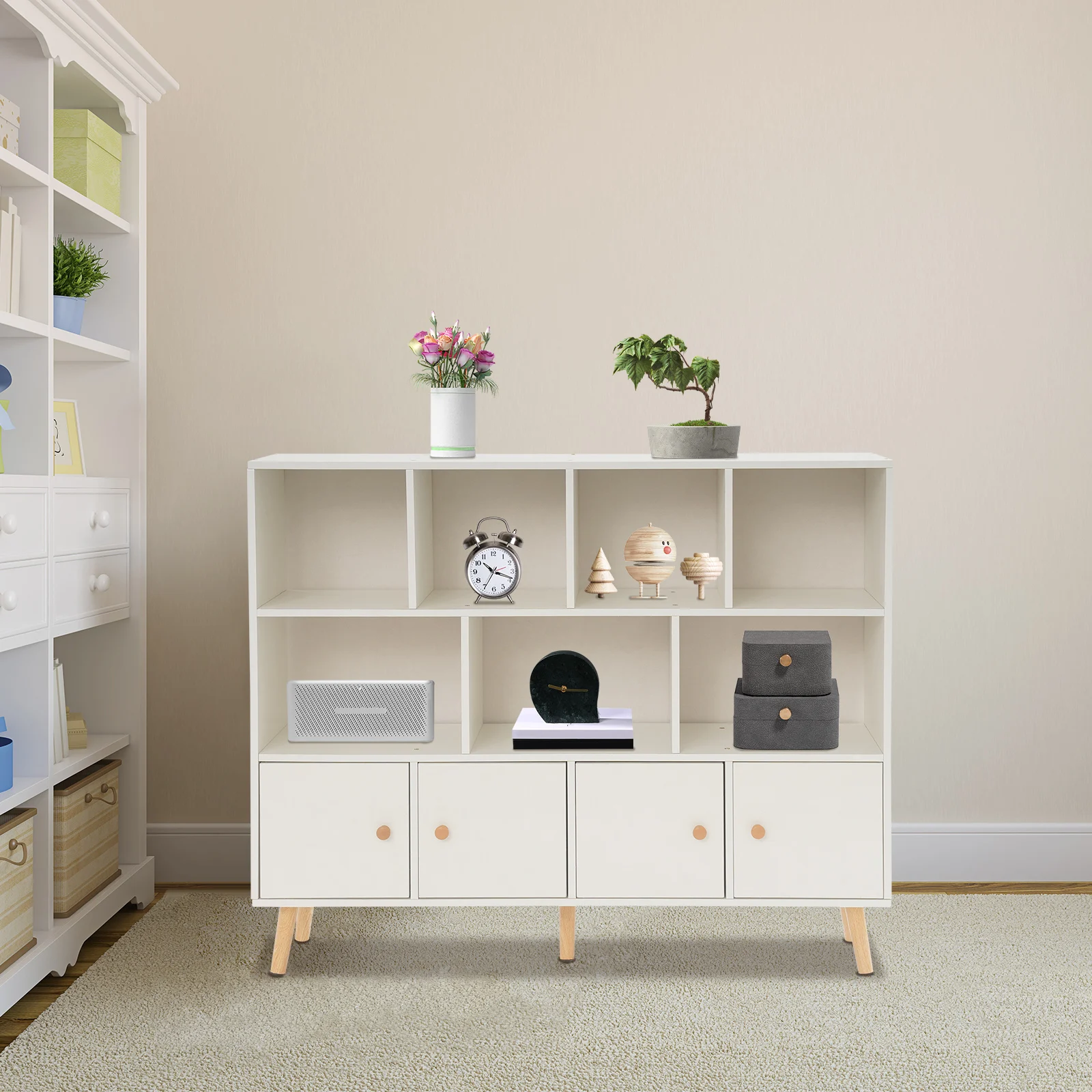 Librería de almacenamiento, estantería abierta con patas de madera maciza, estantería abierta de pie con 11 compartimentos