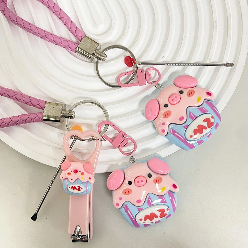 Cartoon Piggy Keychain With Nail Clippers Ear Pick Creative Little Pig Keychain Bag Pendant Car Key Accessories Couple Gifts