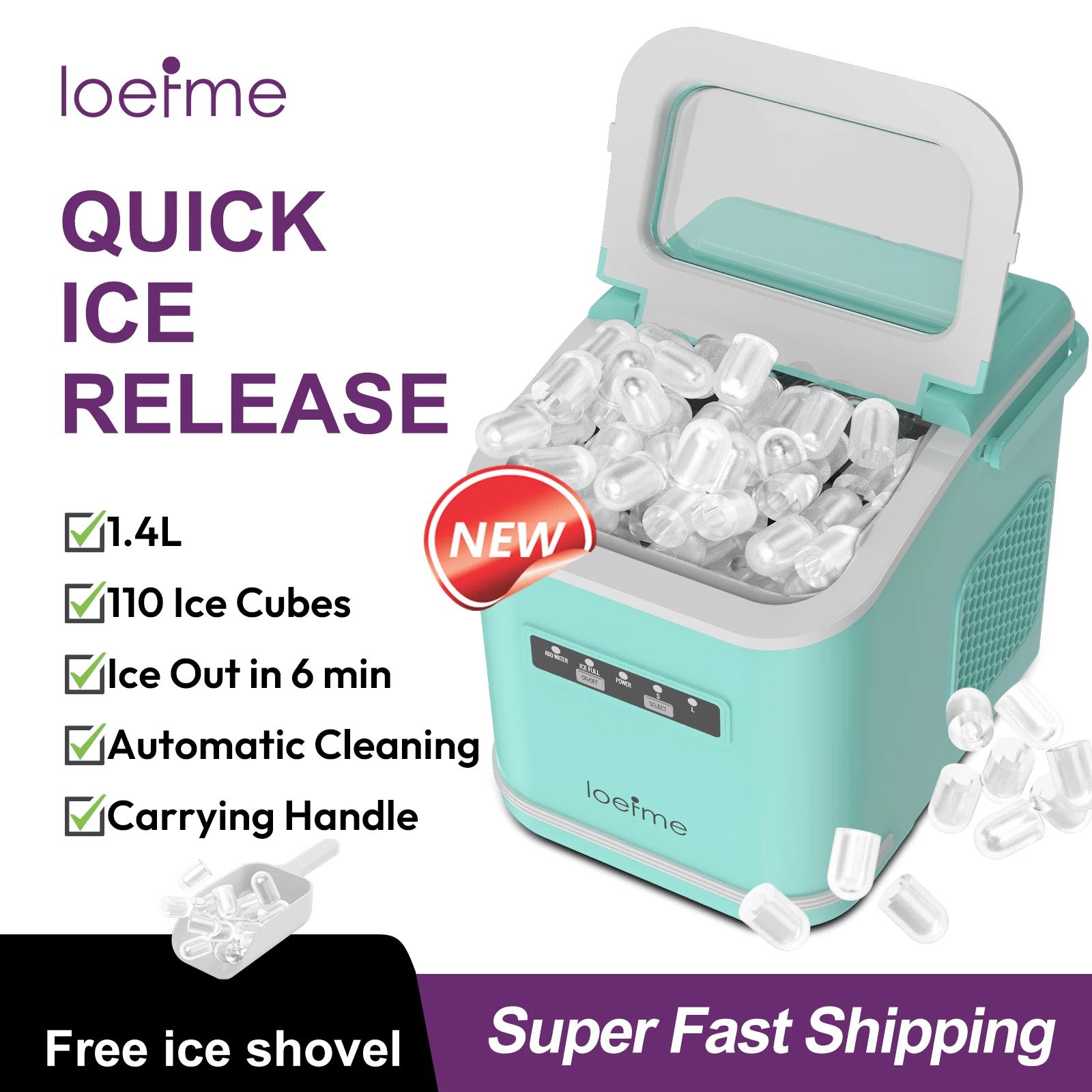 LOEFME 1,4L Eiswürfelbereiter 12kg/24h Tragbarer Eiswürfelbereiter 6 Minuten 9 Eiswürfel Selbstreinigend mit Schaufel für Zuhause, Cafés, Camping, Partys, Wohnmobile