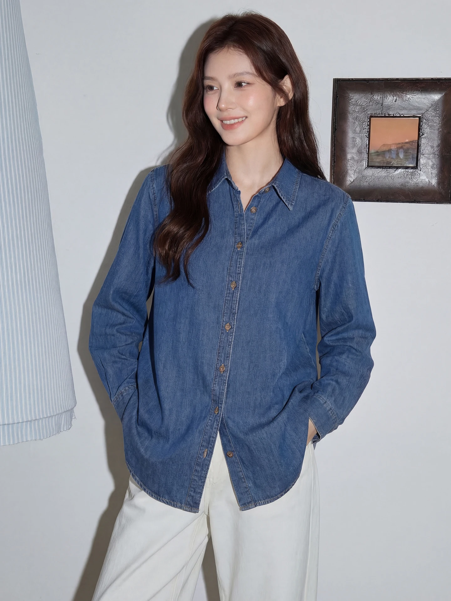 

Deep Blue Retro Soft Denim Shirt Women's Spring New Style Turn-down Collar Inner Wear Layering Shirt Shoulder Level Outerwear