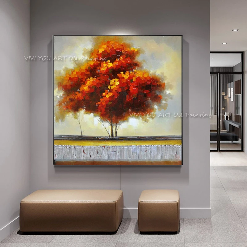 100% Handmade Modern Canvas Abstract Purple And Orange Tree Palette Knife Oil painting Home Decor For Living Room As Unique Gift