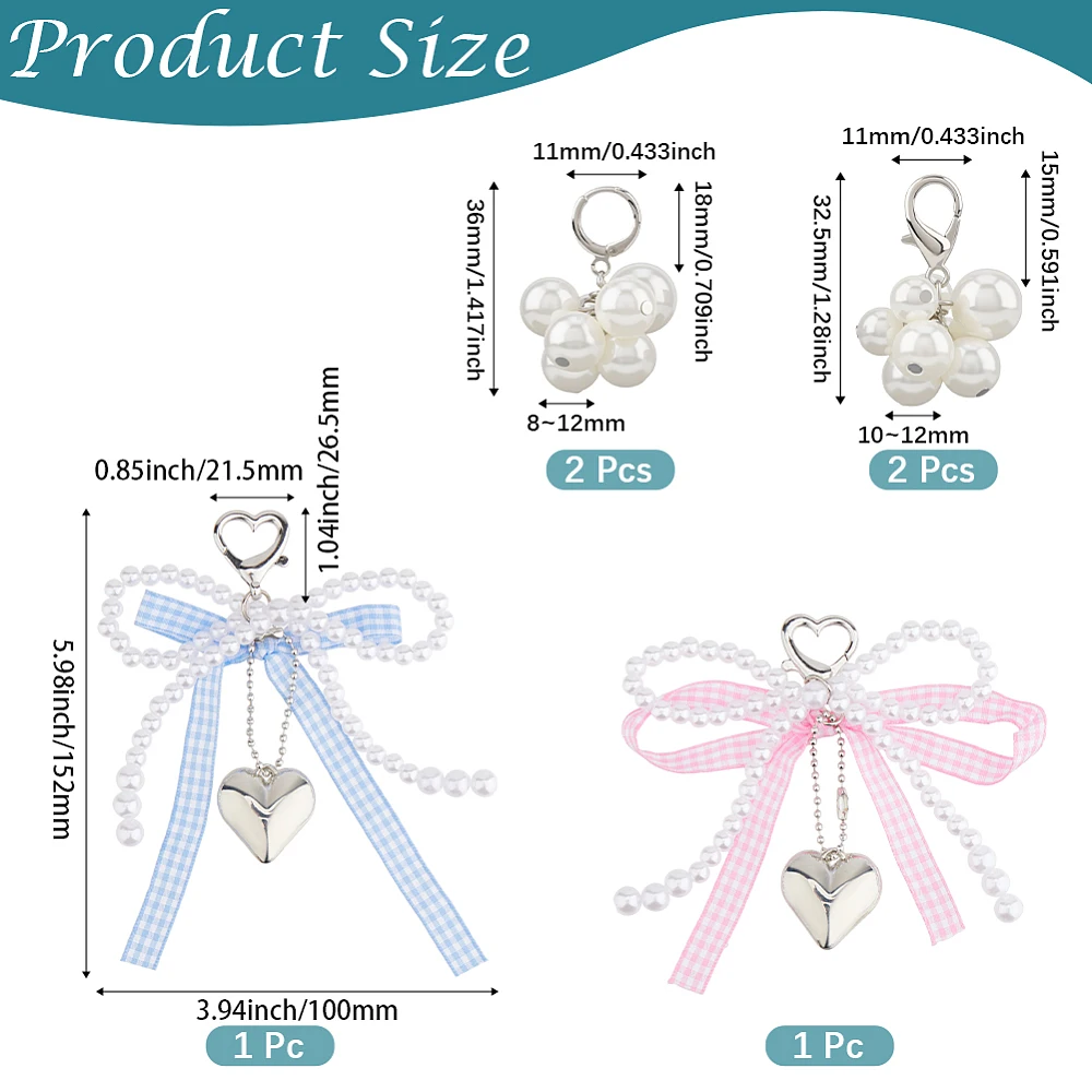 2 Styles 4PCS Shoe Decoration Charms Pearl Jewelry Bowknot Shoelaces Pearl Beaded Keychain Pendant Charms with Lobster Clasp