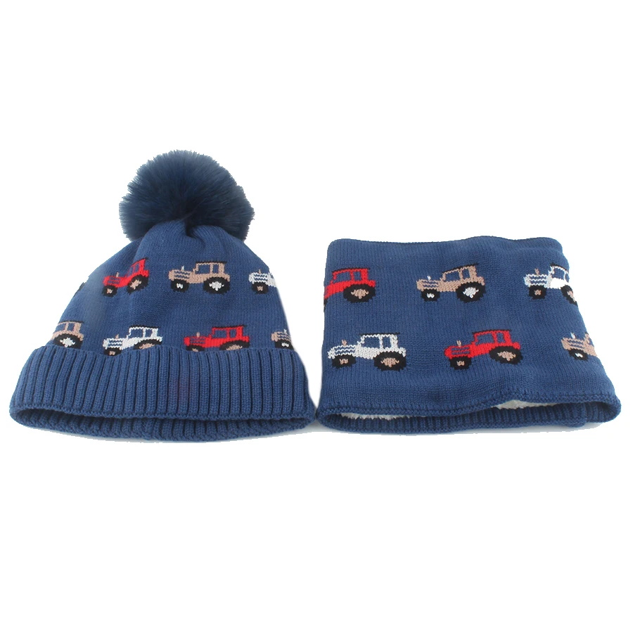 Children Hat Scraf Set Boys Cartoon Car Jacquard Winter Fleece lining Ear Protection Beanies Warm Knitted Thick Ski Cap Kids