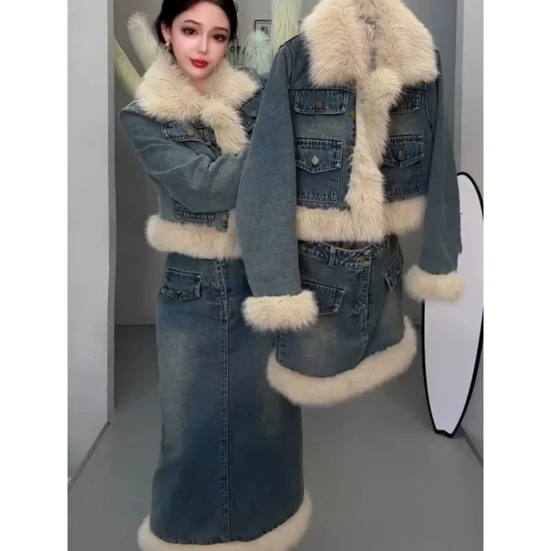 

Осень-зима, женские модные короткие джинсовые куртки в стиле пэчворк, юбки, комплект из двух предметов, женское теплое плюшевое пальто, юбка, джинсовые костюмы