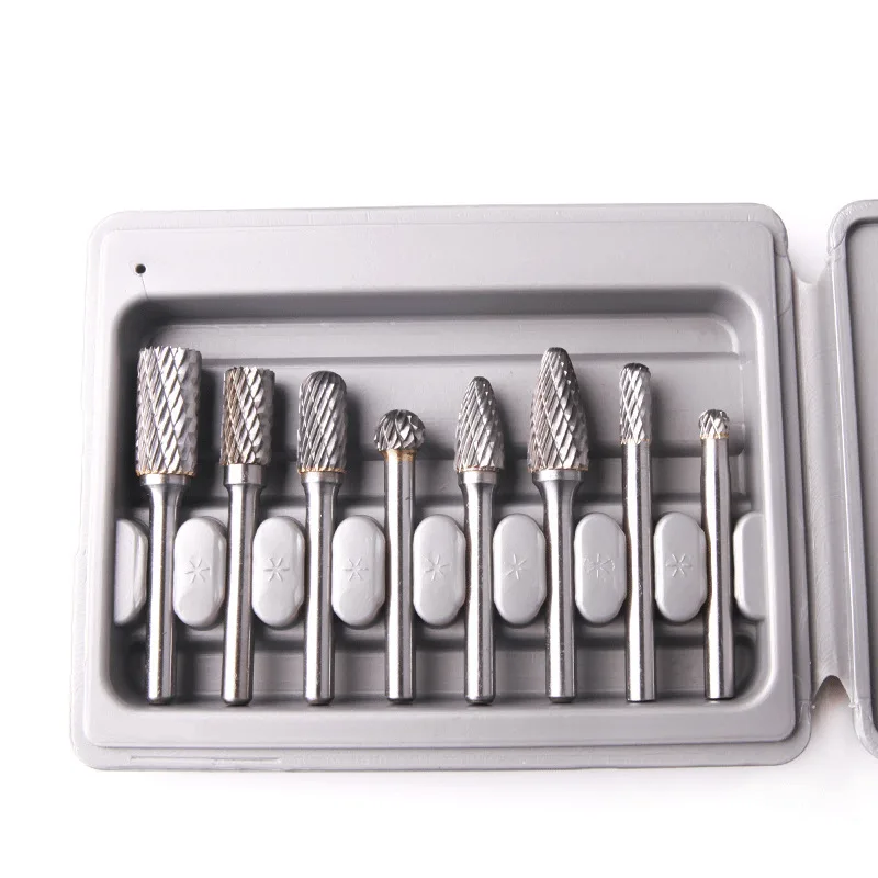 8Pcs 6mm Shank Tungsten Steel Rotary Burr Set Grey Box Wood Carving Electric Grinder Polishing Bits
