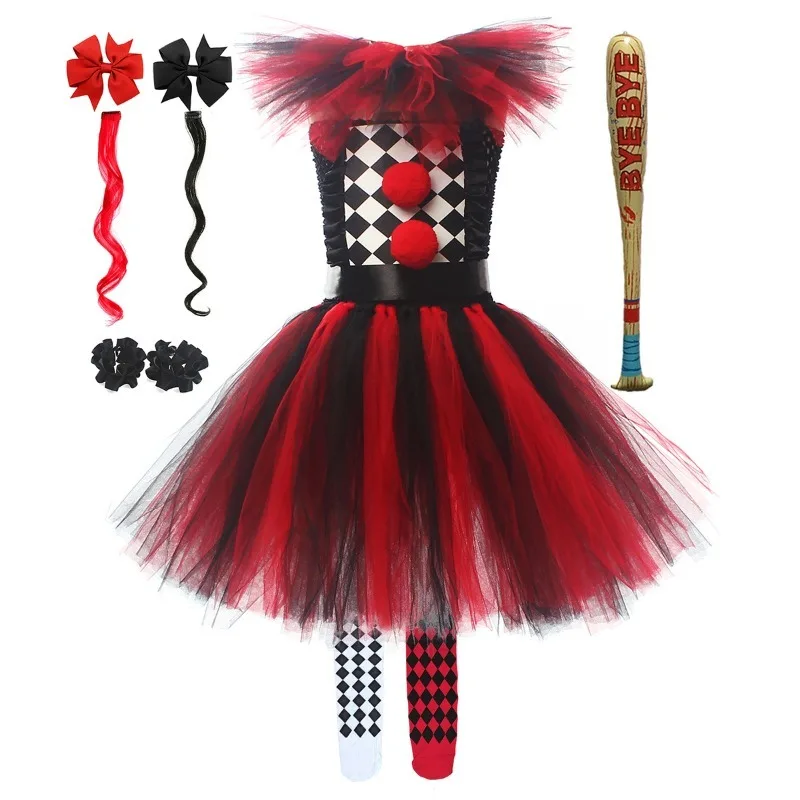 Little Girls' Circus-Style Clown Clothing,  Sleeveless Tulle Tutu Dress,  Fun Cartoon Outfit for Halloween Carnival Parties
