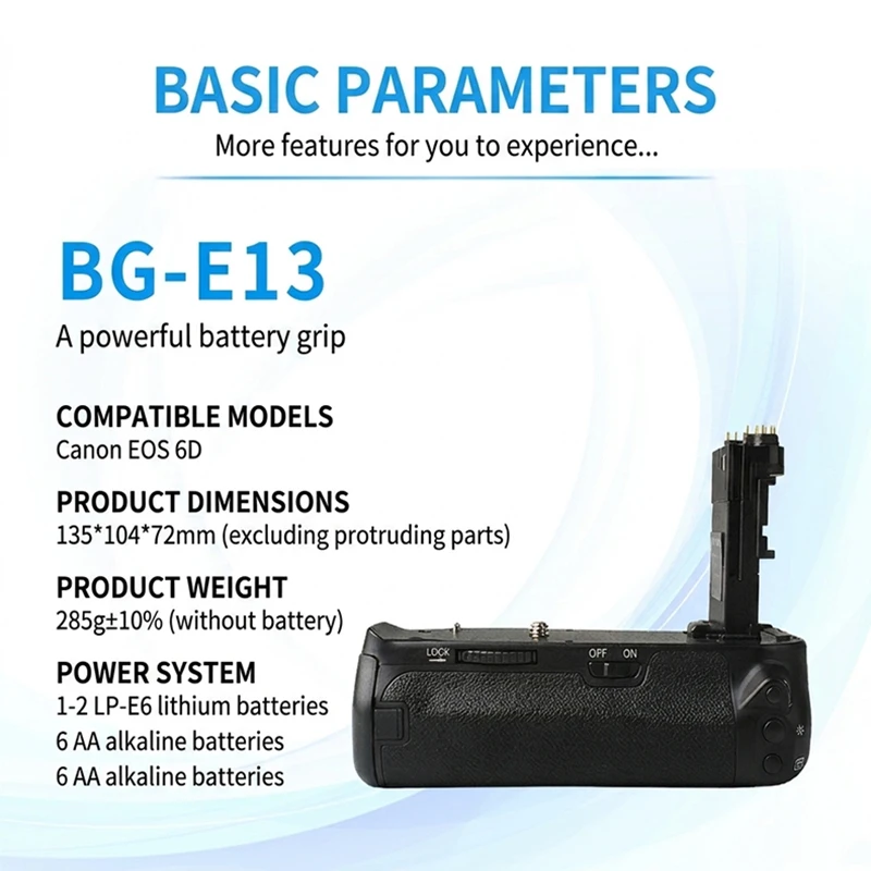 BG-E13 Vertical Battery Grip Holder for Canon EOS 6D SLR Camera Compatible with LP-E6 Or AA Batteries BG-6D - view 5