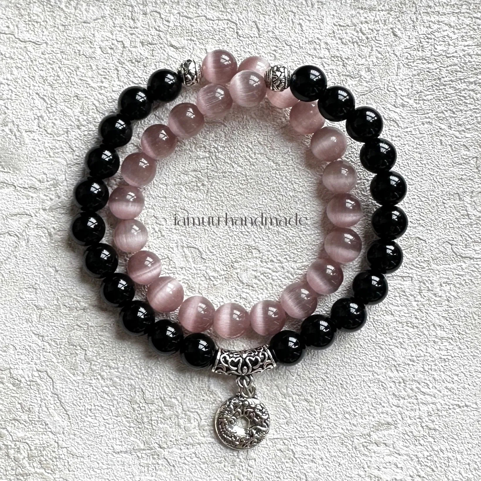 Natural Black Obsidian Cat's Eye Stone Double Wrap Fortune Energy Beaded Bracelet Vintage Retro Handmade Unisex Gift