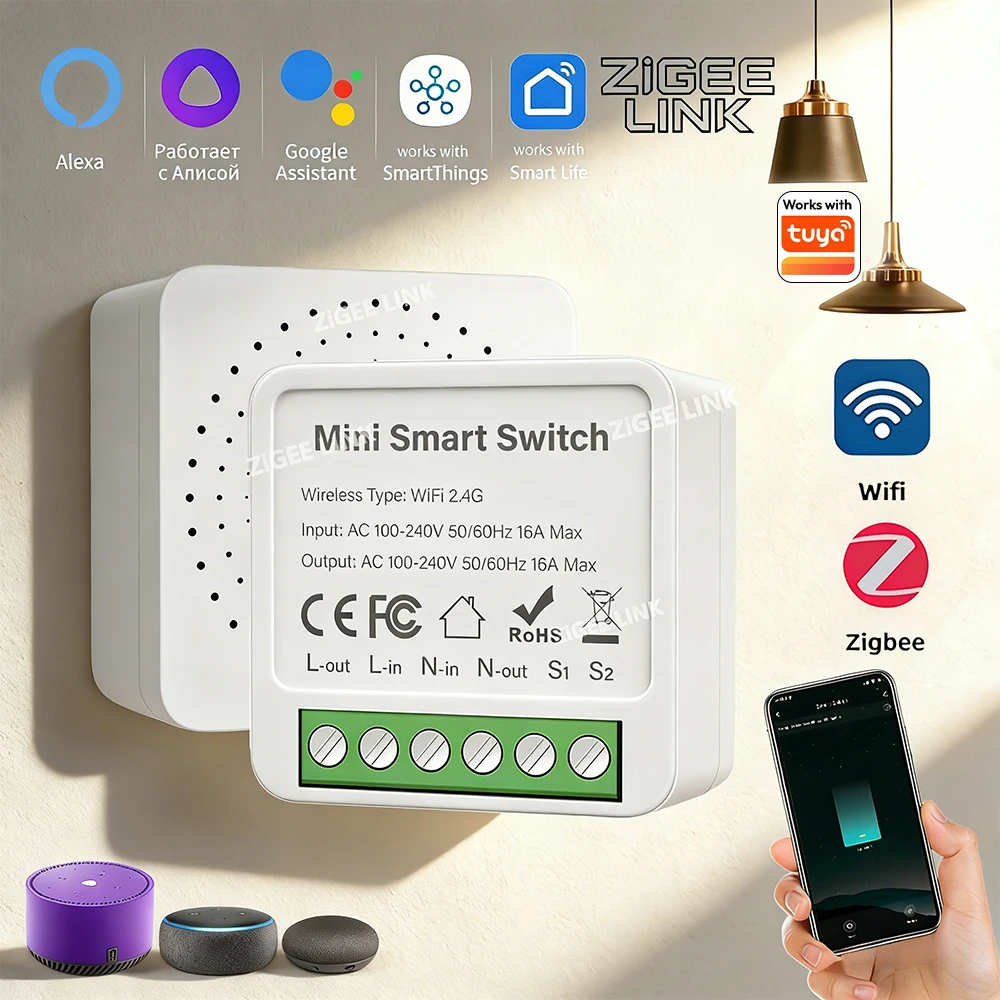 WiFi Zigbee3.0 Mini Smart DIY Switch 16A/20A 2 Way Control Smart Home Relay Automation Breaker Works With Tuya Alexa Google Home