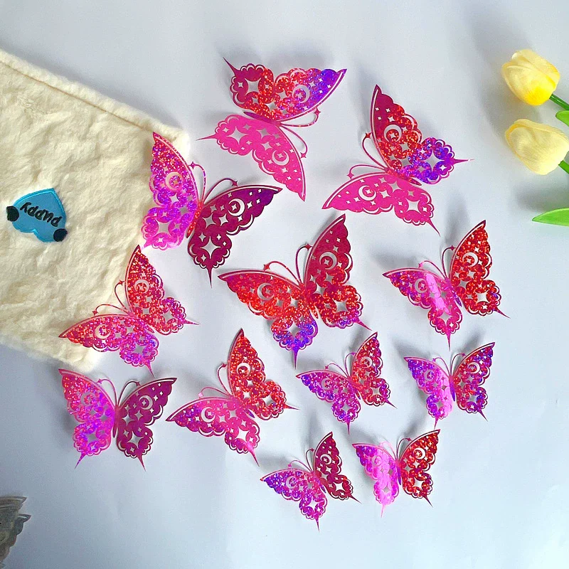 12Pcs/Set 3D Hollow Butterfly Wall Sticker Laser Colorful Wedding Decoration Living Room Home Decor Butterflies Decal Stickers