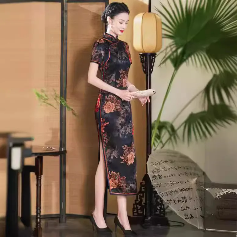 High-End High Quality Real Silk Gambiered Guangdong Cheongsam Qipao Women's and Old Shanghai Retro Chinese Style Dress Long