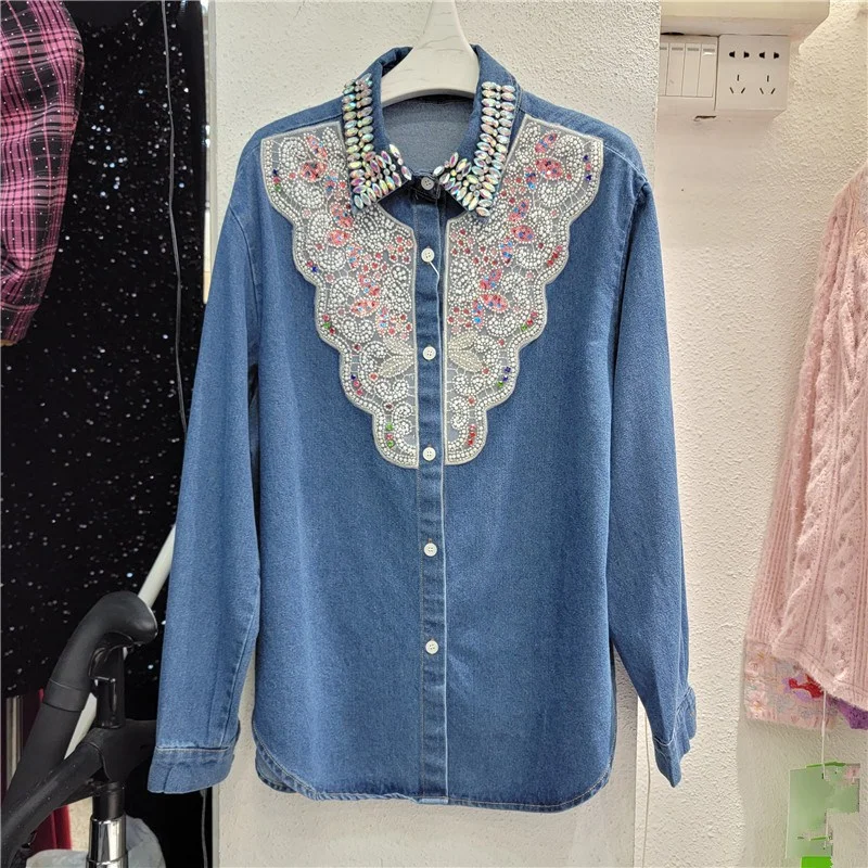 Fashion Beaded Diamond Lapel Blue Short Denim Shirt Jacket Lace Sequin Flowers Korean Long Sleeve Single-breasted Female Coat