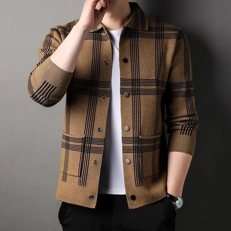 Men Knitted Spring Autumn Thin Lapel Coat Koreon Big Size Elastic Cardigans Casual Argyle Cootrast Color Ingle-breasted Jacket