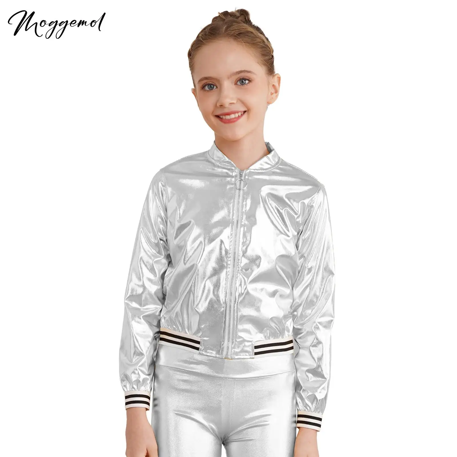 Blouson aviateur à paillettes brillantes pour filles, manches longues, col montant, fermeture éclair avant, costume de festival de danse Hip Hop Jazz, enfants