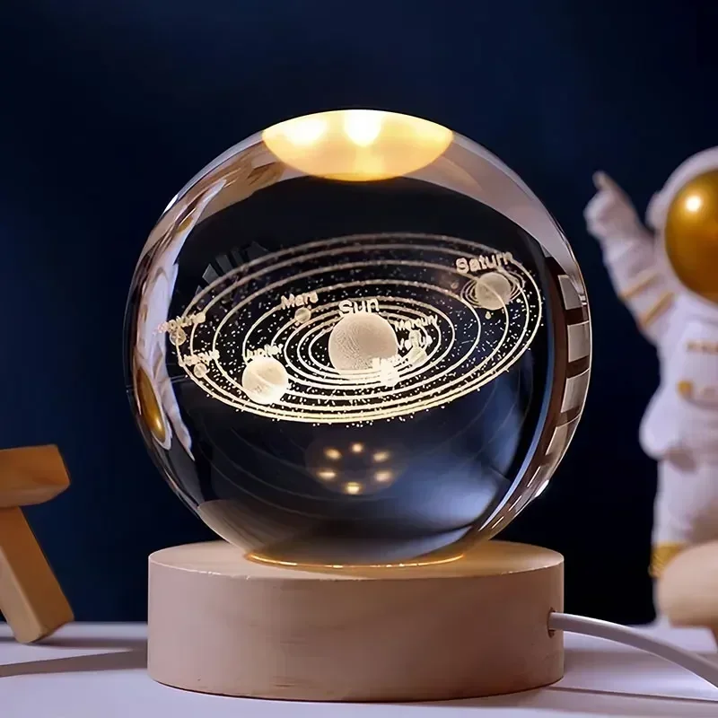 3D Crystal Ball 60mm Wooden Base Laser Engraved Solar System Globe Galaxy Astronomy Birthday Gift Home Desktop Decorationation