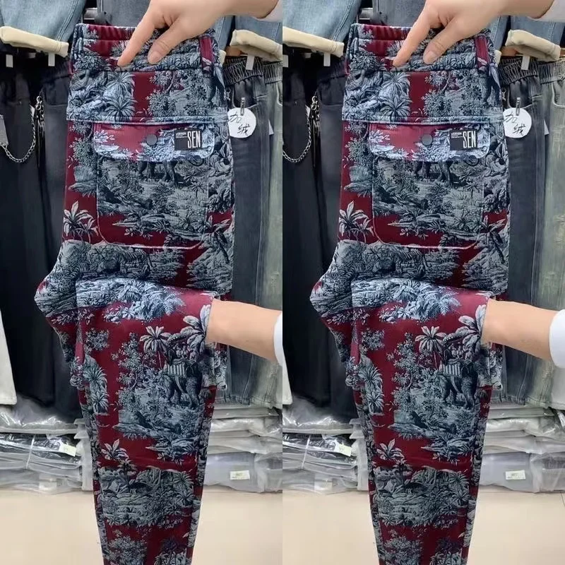 

Высококачественные мужские повседневные брюки с цветочным принтом, прямые длинные брюки в этническом стиле, весна-осень, новая модель