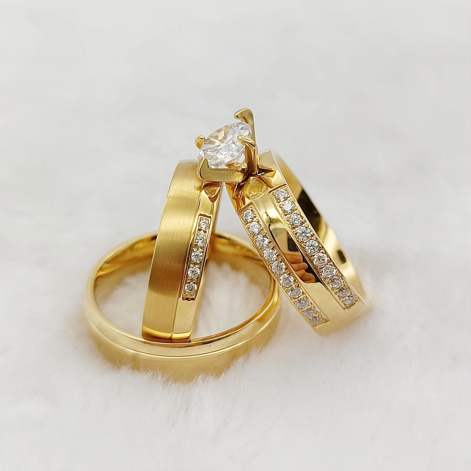 3pcs Bridal Promise Wedding Engagement Rings Sets For Couples 2023 New Designer Alliance 24k Gold Plated Jewelry Women